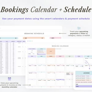Op de afbeelding: Een digitale interface met een boekingskalender en -schema. De tekst "Bookings Calendar + Schedule" staat bovenaan. De interface bevat een boekingsschema, een kalender en een legenda. Hiermee kunt u betalingen volgen en filteren op categorie, status en maand.