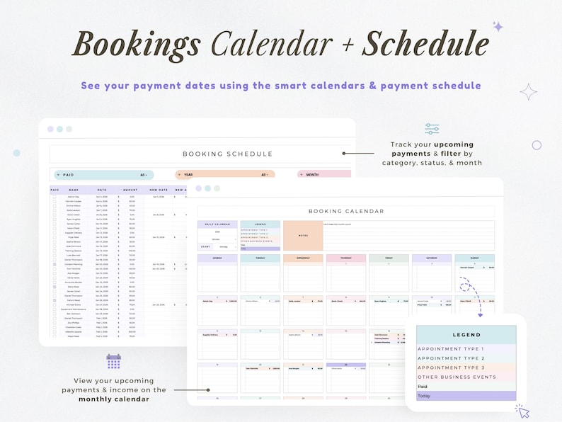 Op de afbeelding: Een digitale interface met een boekingskalender en -schema. De tekst "Bookings Calendar + Schedule" staat bovenaan. De interface bevat een boekingsschema, een kalender en een legenda. Hiermee kunt u betalingen volgen en filteren op categorie, status en maand.