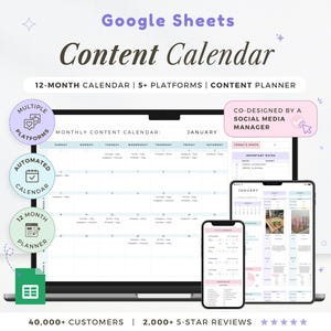 Op de afbeelding: Een digitale contentkalender weergegeven op een laptop, tablet en telefoon. De afbeelding bevat de tekst "Google Sheets Content Calendar" en benadrukt functies zoals een kalender van 12 maanden, meerdere platforms en geautomatiseerde kalenderfuncties.