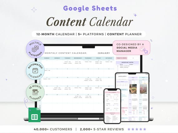 Social Media Content Calendar Template Monthly Content Planner Google Sheets Social Media Planner Post Spreadsheet Instagram TikTok Facebook