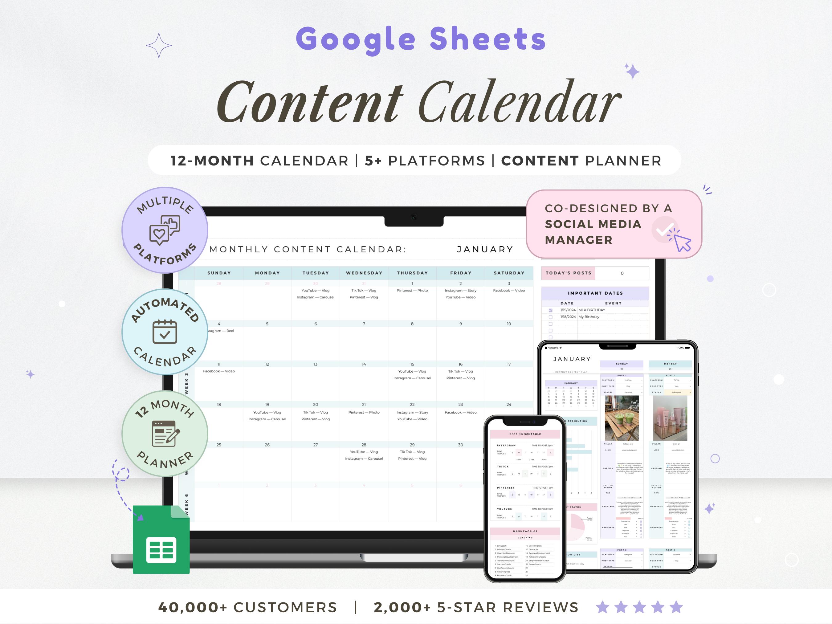 Social Media Content Calendar Template Monthly Content Planner Google ...