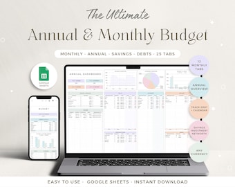 Annual & Monthly Budget Spreadsheet Google Sheets BiweeklyTemplate Savings Subscription Tracker Debt Snowball Sinking Funds Tracker Income