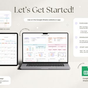 May include: A digital finance tracker displayed on a laptop, tablet, and smartphone. The image includes the text "Let's Get Started!" and "Use on the Google Sheets website or app." The dashboard features charts and graphs, with a habit tracker included.