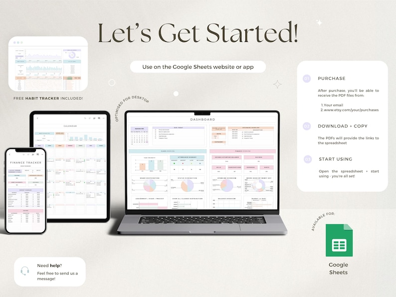 May include: A digital finance tracker displayed on a laptop, tablet, and smartphone. The image includes the text "Let's Get Started!" and "Use on the Google Sheets website or app." The dashboard features charts and graphs, with a habit tracker included.