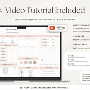 Puede incluir: Un panel de hoja de c&aacute;lculo digital que se muestra en la pantalla de una computadora port&aacute;til con un esquema de color rosa suave y blanco. La interfaz incluye secciones para detalles de invitados, temas de eventos, seguimiento de presupuesto y listas de verificaci&oacute;n. El texto incluye Video Tutorial Included y Walk-Through Video.