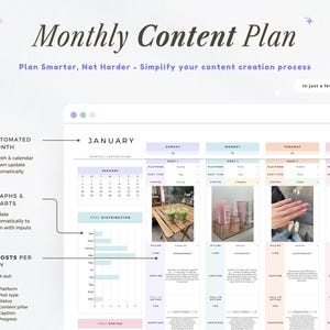 May include: A digital content plan template with the text "Monthly Content Plan". The template includes sections for planning posts, tracking progress, and displaying charts. The design is in pastel colors with the text "Plan Smarter, Not Harder".