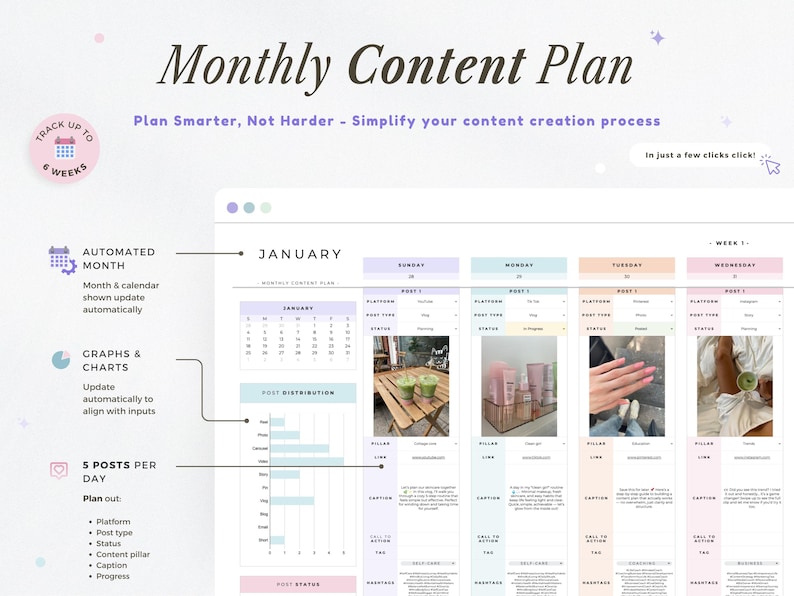 May include: A digital content plan template with the text "Monthly Content Plan". The template includes sections for planning posts, tracking progress, and displaying charts. The design is in pastel colors with the text "Plan Smarter, Not Harder".