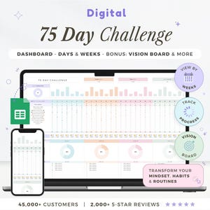 Peut inclure: Tableau de bord numérique du défi des 75 jours affiché sur un ordinateur portable, avec un smartphone et une icône Google Sheets. Le tableau de bord affiche les jours, les semaines et un tableau de vision. Le texte "Transformez votre état d'esprit, vos habitudes et vos routines".