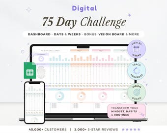 Digital 75 Day Challenge Spreadsheet Habit Tracker Fitness Planner Google Sheets 75 Soft Planner 75 Hard Tracker Healthy Template 75 Medium