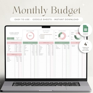 Könnte beinhalten: Ein Laptop-Bildschirm zeigt eine Google Sheets-Tabellenvorlage für ein monatliches Budget. Die Tabelle ist mit "Januar" betitelt und enthält Abschnitte für Einnahmen, Ausgaben und ein Budget-Dashboard. Die Tabelle ist in einem grün-rosa Farbschema gestaltet. Der Text "EASY TO USE - GOOGLE SHEETS - INSTANT DOWNLOAD" wird über der Tabelle angezeigt.