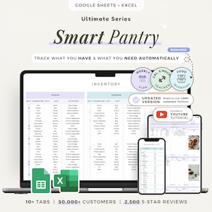 Könnte beinhalten: Ein digitaler Smart Pantry Inventar-Tracker für Google Sheets und Excel, dargestellt auf einem Laptop, Tablet und Smartphone. Die Benutzeroberfläche enthält Spalten für Zutaten, Mengen und Kategorien sowie Symbole für Wochenpläne und Makro-Tracker.