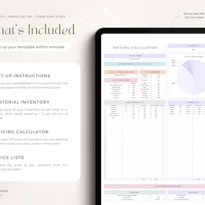 May include: A digital printable spreadsheet template for pricing products. The template includes sections for set-up instructions, material inventory, pricing calculator, and price lists. The template is designed to help you calculate the cost of your products and set prices.
