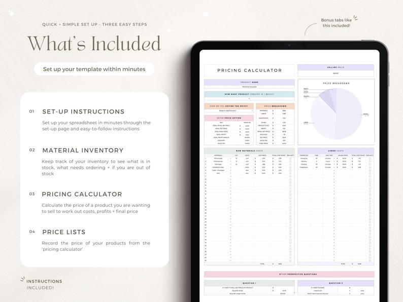 May include: A digital printable spreadsheet template for pricing products. The template includes sections for set-up instructions, material inventory, pricing calculator, and price lists. The template is designed to help you calculate the cost of your products and set prices.