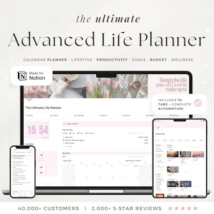 Puede incluir: Un planificador de vida digital que se muestra en una computadora portátil, una tableta y un teléfono inteligente. La interfaz del planificador es rosa claro y blanca, con el texto "Advanced Life Planner" en la parte superior. La imagen incluye el texto "Made for Notion".