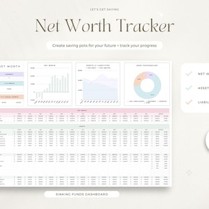 May include: A printable net worth tracker worksheet with a pink, blue, and green color scheme. The worksheet includes sections for net worth, assets, and liabilities. It also includes a chart and graph to track progress over time. The text "Let's Get Saving" and "Net Worth Tracker" is at the top of the page. The text "Sinking Funds Dashboard" is at the bottom of the page. The text "Use with any currency!" is in a circle at the bottom right corner of the page.