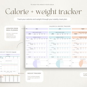 Puede incluir: Un rastreador de calor&iacute;as y peso imprimible con un esquema de color azul claro, verde claro y melocot&oacute;n claro. El rastreador incluye secciones para el seguimiento diario de calor&iacute;as y macros, el seguimiento del peso y un gr&aacute;fico que se actualiza autom&aacute;ticamente. El texto "Calorie + weight tracker" est&aacute; en la parte superior de la p&aacute;gina.