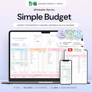 Può includere: Un modello di pianificatore di budget digitale per Google Sheets ed Excel intitolato Simple Budget Ultimate Series. L'interfaccia mostra una dashboard di settembre con sezioni per entrate, uscite, bollette e risparmi su laptop, tablet e smartphone.