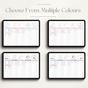 May include: Four digital tablet screens displaying a January budget spreadsheet template in four different color schemes: pink, blue, green, and a combination of pink and blue. The spreadsheet includes sections for income, expenses, and a pie chart.