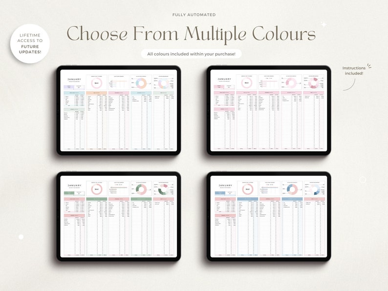 May include: Four digital tablet screens displaying a January budget spreadsheet template in four different color schemes: pink, blue, green, and a combination of pink and blue. The spreadsheet includes sections for income, expenses, and a pie chart.