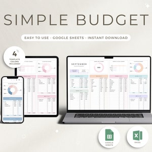 May include: A digital budget template for Google Sheets and Excel. The template includes four color options and is easy to use. The image shows a laptop, a phone, and a tablet displaying the budget template. The template includes a calendar, charts, and a table for tracking income and expenses.