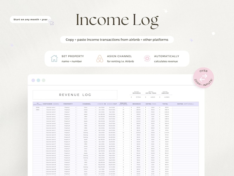 May include: A digital income log template with the title "Income Log" in a stylish font. The template includes sections for revenue tracking, with prompts to copy and paste income transactions from platforms like Airbnb. Additional features include automatic revenue calculation.