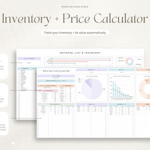 Puede incluir: Una hoja de c&aacute;lculo digital para el c&aacute;lculo de inventario y precios, con secciones codificadas por colores pastel. La hoja de c&aacute;lculo incluye secciones para el inventario de materiales, precios y c&aacute;lculos de ganancias. El texto de la imagen incluye "Inventory + Price Calculator" y "Track your inventory + its value automatically."