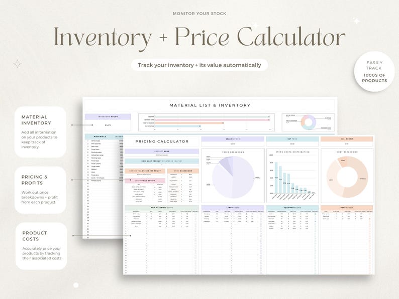 Puede incluir: Una hoja de c&aacute;lculo digital para el c&aacute;lculo de inventario y precios, con secciones codificadas por colores pastel. La hoja de c&aacute;lculo incluye secciones para el inventario de materiales, precios y c&aacute;lculos de ganancias. El texto de la imagen incluye "Inventory + Price Calculator" y "Track your inventory + its value automatically."