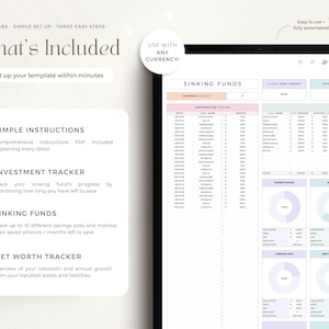 May include: A digital planner template for tracking sinking funds, investments, and net worth. The template includes three tabs: Sinking Funds, Investment Tracker, and Net Worth Tracker. The template is designed to be easy to use and fully automated.