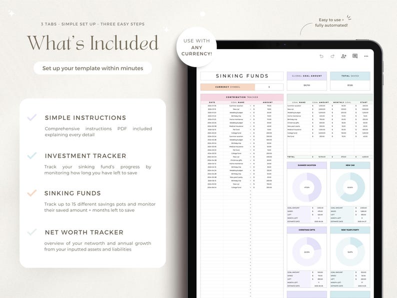 May include: A digital planner template for tracking sinking funds, investments, and net worth. The template includes three tabs: Sinking Funds, Investment Tracker, and Net Worth Tracker. The template is designed to be easy to use and fully automated.