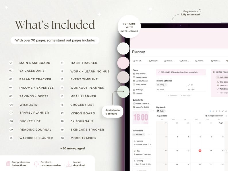 May include: Digital planner with over 70 pages, including a main dashboard, calendars, habit tracker, and workout planner. Features a pink and white color scheme, with the text "What's Included" and "Available in 4 colors". Includes comprehensive instructions and instant download.