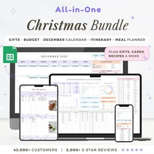 May include: An "All-in-One Christmas Bundle" digital planner displayed on a computer, tablet, and two smartphones. The bundle includes sections for gifts, budget, calendar, itinerary, and meal planning. The text "December 2025" is visible.