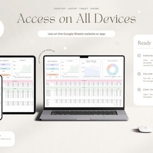 K&ouml;nnte beinhalten: Eine digitale Nettoverm&ouml;genstracker-Vorlage f&uuml;r Google Sheets. Das Bild zeigt die Vorlage auf einem Telefon, Tablet, Laptop und Desktop-Computer. Der Text "Zugriff auf allen Ger&auml;ten" und "Verwenden Sie die Google Sheets-Website oder -App" wird &uuml;ber den Ger&auml;ten angezeigt. Der Text "Bereit zum Starten?" wird auf der rechten Seite des Bildes mit drei nummerierten Schritten angezeigt: Kaufen und Herunterladen, Anweisungen befolgen und Vorlage kopieren.