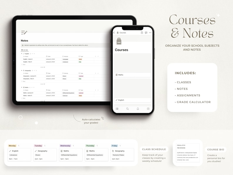 May include: A digital illustration of a tablet and smartphone displaying a digital planner app for organizing school subjects and notes. The app includes features for creating class schedules, taking notes, and tracking assignments. The text "Courses & Notes" is displayed in a large font at the top of the image.