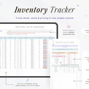 May include: An inventory tracker with the title "Inventory Tracker" and the tagline "Track stock, costs & pricing in one simple system." The image shows a tablet displaying a material list and a pricing calculator.