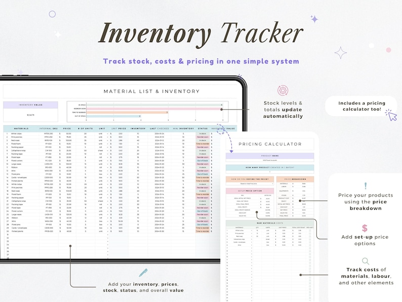 May include: An inventory tracker with the title "Inventory Tracker" and the tagline "Track stock, costs & pricing in one simple system." The image shows a tablet displaying a material list and a pricing calculator.