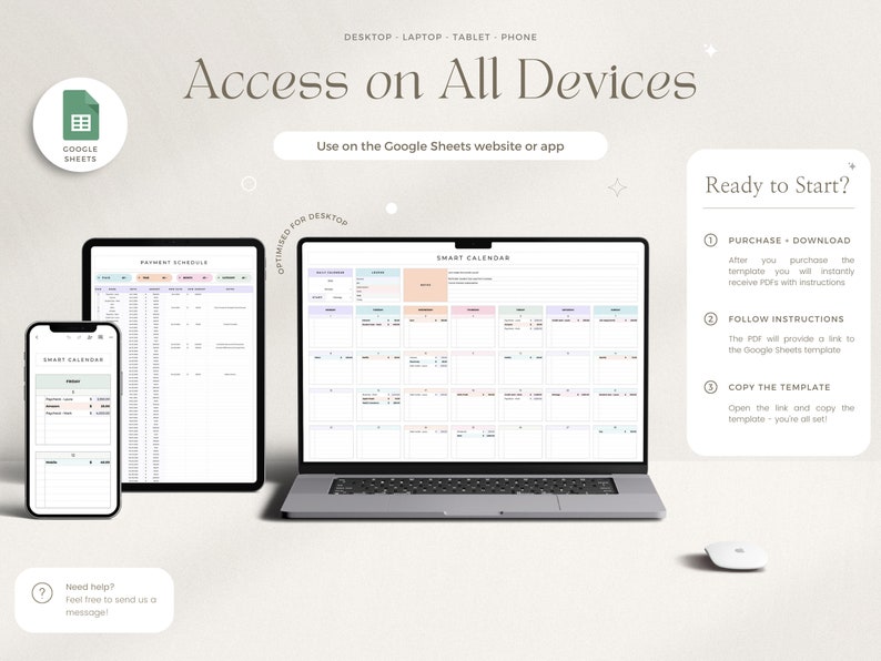 May include: A digital illustration of a Google Sheets template for a smart calendar. The template is shown on a laptop, tablet, and phone, demonstrating its accessibility across devices. The image includes instructions for purchasing, downloading, and using the template.