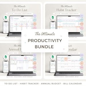 Bundle di pianificatori di produttività Foglio di calcolo Modello di elenco di cose da fare Tracker di attività Budget Fogli Google Calendario 2024 2025 Tracker delle abitudini Organizzazione