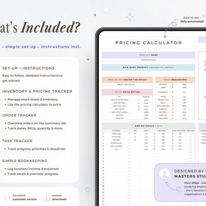 May include: A digital tablet displays a pricing calculator and a list of included features. The screen shows a pricing calculator with fields for product name, costs, and profit margins. The included features are set-up instructions, inventory and pricing tracker, order tracker, task tracker, and simple bookkeeping.
