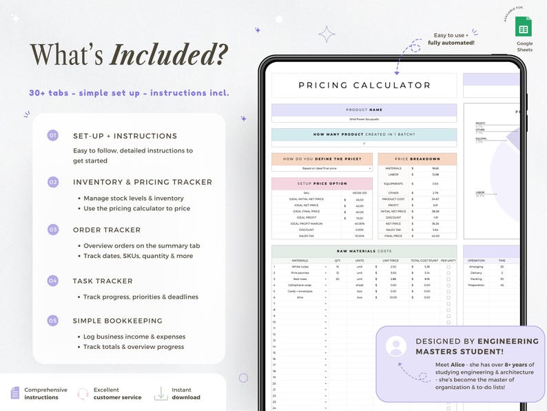 May include: A digital tablet displays a pricing calculator and a list of included features. The screen shows a pricing calculator with fields for product name, costs, and profit margins. The included features are set-up instructions, inventory and pricing tracker, order tracker, task tracker, and simple bookkeeping.