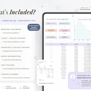 Op de afbeelding: Een digitale klantdatabase-sjabloon weergegeven op een tablet. De interface bevat secties voor boekingskalenders, het volgen van klantfacturen, inventaris, prijzen, boekhouding, taaktracking en contentplanning. Het ontwerp is strak en gebruiksvriendelijk.