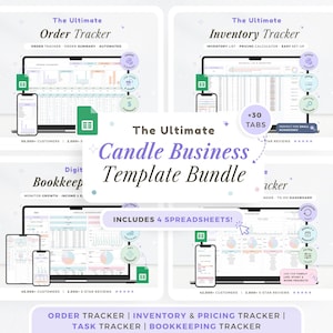 Könnte beinhalten: Ein digitales Vorlagenpaket für Kerzengeschäfte mit vier Tabellenkalkulationen: Bestellverfolgung, Inventarverfolgung, Aufgabenverfolgung und Buchhaltung. Das Bild zeigt Mockups der Tabellenkalkulationen auf Laptops und Smartphones mit dem Text "The Ultimate Candle Business Template Bundle."