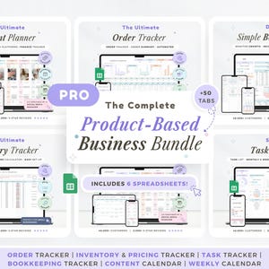 May include: A digital product bundle for product-based businesses, including six spreadsheets. The bundle includes content, order, inventory, bookkeeping, and task trackers, plus a weekly calendar. The design is light purple and white.