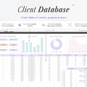 Op de afbeelding: Een digitale tablet met een "Client Database" interface. Het scherm toont grafieken en klantgegevens, inclusief namen, telefoonnummers en e-mailadressen. De interface bevat de tekst "Volg 1000 klanten, projecten en meer."