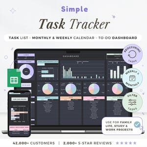 May include: A digital task tracker displayed on a laptop and smartphone. The dashboard features charts and lists, with the text "Simple Task Tracker" at the top. Additional text includes "Task List - Monthly & Weekly Calendar - To-Do Dashboard."