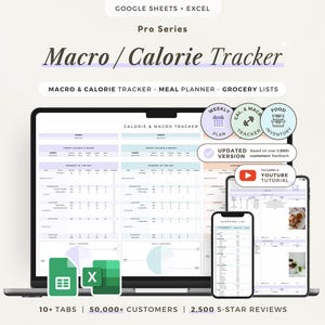 May include: A digital macro and calorie tracker spreadsheet for Google Sheets and Excel. The interface displays meal planning, grocery lists, and daily summaries. Includes icons for a weekly plan, food inventory, and a YouTube tutorial link.