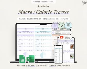 Foglio di calcolo per il monitoraggio delle calorie, Fogli Google, Excel, Monitoraggio macro, Pianificatore pasti, Diario alimentare, Macro settimanali, Monitoraggio del peso, Modello di contatore di calorie