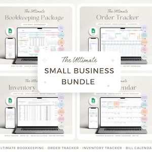 May include: A digital small business bundle with four different trackers: bookkeeping, order, inventory, and bill calendar. Each tracker is displayed on a laptop and smartphone, with the text "The Ultimate Small Business Bundle". The background is light.