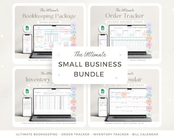 Könnte beinhalten: Ein digitales Small Business Bundle mit vier verschiedenen Trackern: Buchhaltung, Bestellung, Inventar und Rechnungsplaner. Jeder Tracker wird auf einem Laptop und Smartphone angezeigt, mit dem Text "The Ultimate Small Business Bundle". Der Hintergrund ist hell.