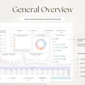 May include: A digital interface showing a business overview with charts and data. The screen displays the title "General Overview" and the text "View your total business outlook from one tab!" Features include automated charts and revenue/expense breakdowns.