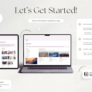 May include: A digital planner interface displayed on a laptop, tablet, and smartphone. The screens show a wardrobe organizer and adventure planning pages. The image includes the text "Let's Get Started!" and "Use on the Notion website or app."